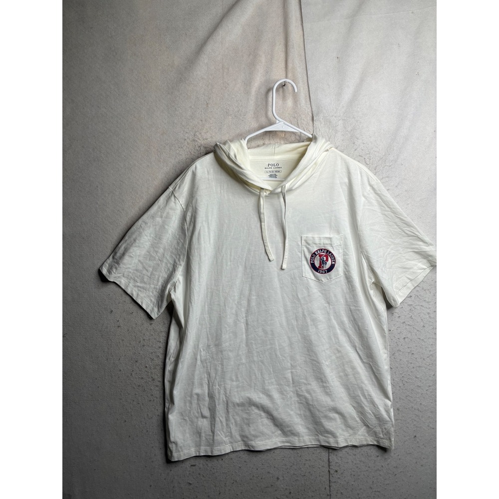 Polo Ralph Lauren Mens XL Cream Short Sleeve Hoodie Crest Logo Graphic Tee 9188